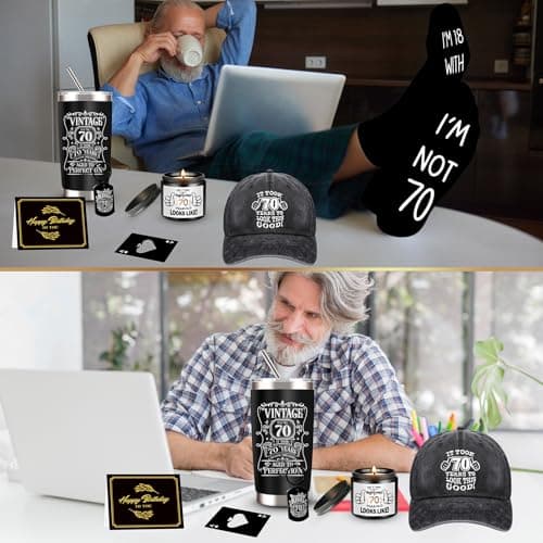 70th Birthday Gifts for Men - Unique Box with 20 Oz Tumbler, Scented Candle, Socks, Baseball Cap for Husband, Dad, Grandpa, Friends, Teachers, Boss