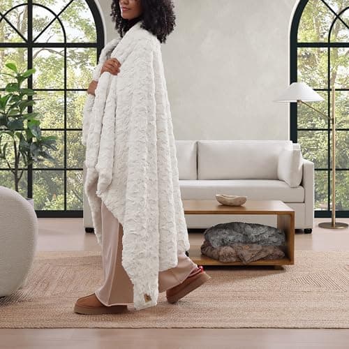 UGG Adalee Faux Fur Throw Blanket Luxury Lightweight Cozy Soft Throw for Couch Bed or Chair Hypoallergenic Machine Washable Double-Sided Fluffy Blanket Home Decor, 50-inch x 70-inch, Natural White