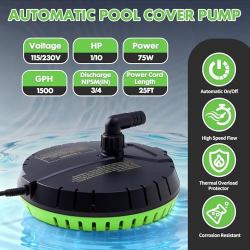 Automatic Pool Cover Pump, 1500GPH Submersible Sump Pump for Pool Draining, 25FT Power Cord, 2 Adapters, Available for Swimming Pool Covers, Swimming Pools, Fish Tanks, Ponds, Green