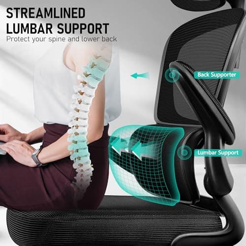 BESTFAIR High Back Ergonomic Office Chair, Breathable Mesh Desk Chair with Lumbar Support, Adjustable Headrest, Flip-up Armrests, Computer Gaming Chair, (Black)