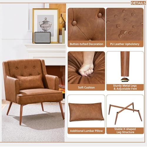 Yaheetech Accent Chair, Living Room Chair Mid Century PU Leather Armchair Lumbar Pillow, Comfy Upholstered Reading Chair Wood Leg Bedroom Lounge Brown