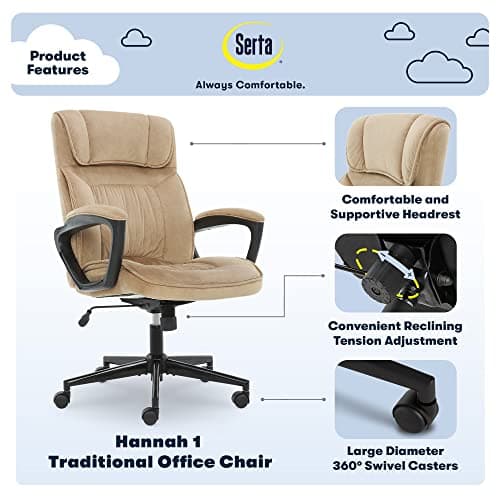 Serta® Hannah Executive Home Office Desk Chair, Ergonomic Mid-Back with Lumbar Support, Firm Seat Cushion, Layered Body Pillows, Padded Armrests, Swivel Base, Easy Assembly, Microfiber, Beige