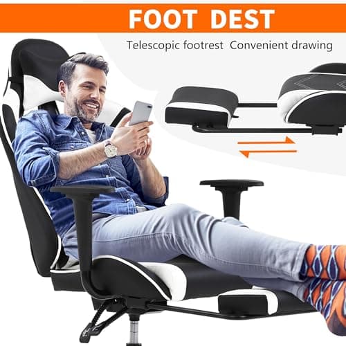 High Back PU Leather Gaming Chair with Headrest & Lumbar Support, Height Adjustable Wide Seat Gamer Chair for Adults, Game Chair with Footrest & Armrest