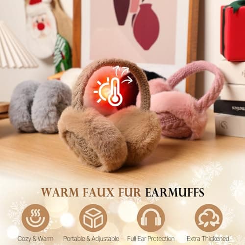 Clothirily Winter EarMuffs for Women, Faux Fur Warm Ear Muffs for Winter, Foldable Ear Covers, Fuzzy Ear Warmers for Women