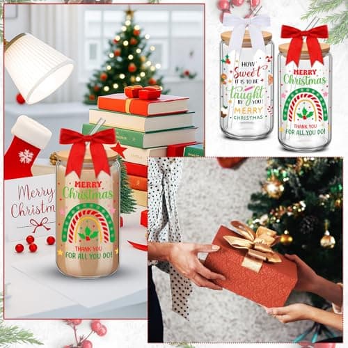 16 oz Glass Coffee Cups with Bows Lids Straws Brushes, Thank You End of Year Gifts for Teacher from Student School Present Reallnaive 6 Pcs Christmas Teacher Appreciation Gifts for Women Teacher Cup B0FNM52YVG