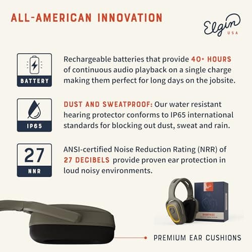 Elgin Rampage Bluetooth Hearing Protection Headphones, OSHA Compliant, 25 dB NRR, Noise Isolating Microphone, 40+ Hour Battery, IP65 Rated, Ideal for Construction, Landscaping, Industrial Use