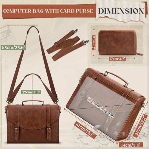 RAINSMORE Flap Messenger Bag for Men Vintage PU Leather Laptop Bag 15.6 Inch Retro Briefcase with Wallet Satchel Computer Bag