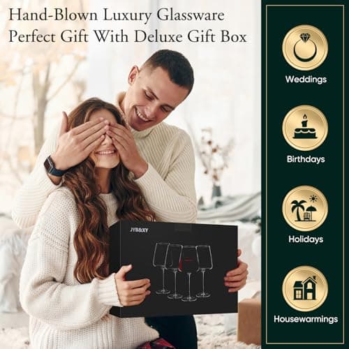 Red wine glasses 19oz Hand Blown Premium Crystal White square wine glass set of 4 Unique Large Wine Glasses Long Stem for men or women Wedding, Anniversary, Christmas Gift Box Give away gifts