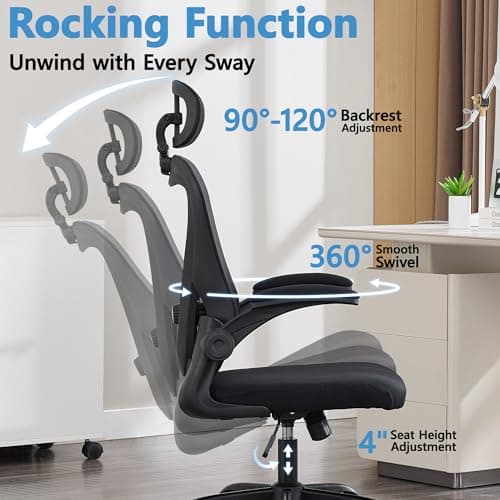 Office Chair, Ergonomic Office Chair with Headrest, Comfy Home Office Desk Chairs with Lumbar Support & Flip-up Armrests, 330LBS High Back Mesh Computer Desk Chair for Home Office, Black
