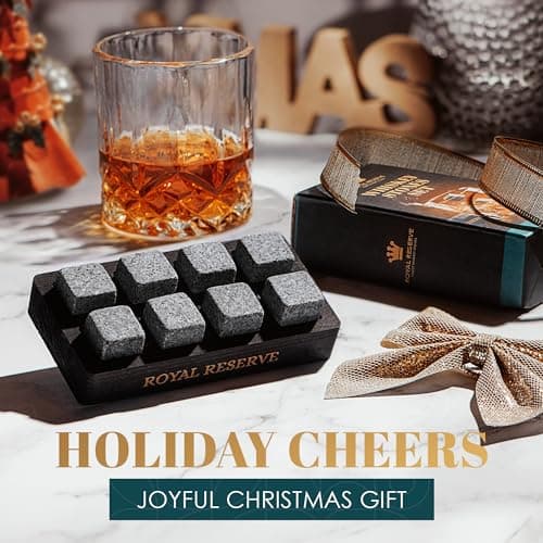 Whiskey Stones Gift Set by Royal Reserve – Artisan Crafted Reusable Chilling Rocks for Scotch Bourbon – Stocking Stuffer for Men - Whiskey Gifts for Husband Guy Dad Boyfriend