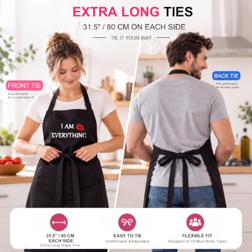 YIKA® Apron Couples, Christmas Gifts for Couples: Waterproof Aprons for Women Men, with Adjustable Neck Strap with Extra Long Ties, 2 Pockets (Black)