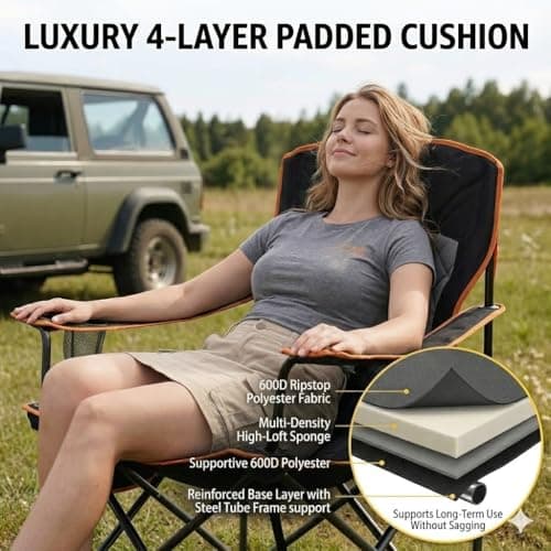 FAIR WIND Oversized Fully Padded Camping Chair, Heavy Duty Quad Fold Chair Arm Chair Support 350 LBS with Cup Holder, Collapsible Lumbar Back Chair Portable for Outdoor, Black