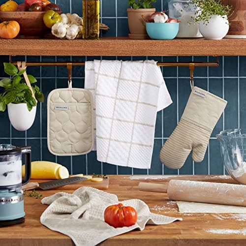 KITCHENAID Quilted Cotton Terry Cloth Oven Mitt, Pot Holder, Kitchen Towel 4-Pack Set, Heat Resistant, Silicone Grip, 16"x26", 7"x13" & 7"x10", Milkshake Tan B0BMKJFFP1