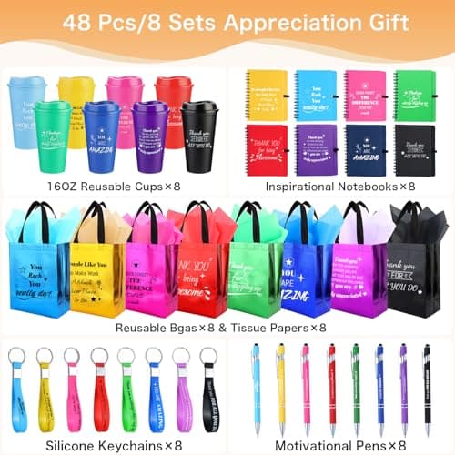 48 Pcs/8 Sets Employee Appreciation Gifts Bulk - Includes Thank You Gift Bags with Tissue Paper Notebooks Pens Cups Keychains - Thank You Gifts for Coworkers Teachers Staff Team Volunteers (Colorful) B0G5DCYSHJ