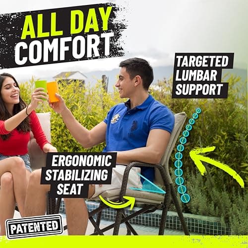STRONGBACK Folding Patio Chair - Ergonomic Design for Back Pain Relief - 21" Seat Width/300 lb Capacity - Plush Olefin Cushions/Durable Magnesium Alloy Frame - Lightweight/Portable Outside Chairs