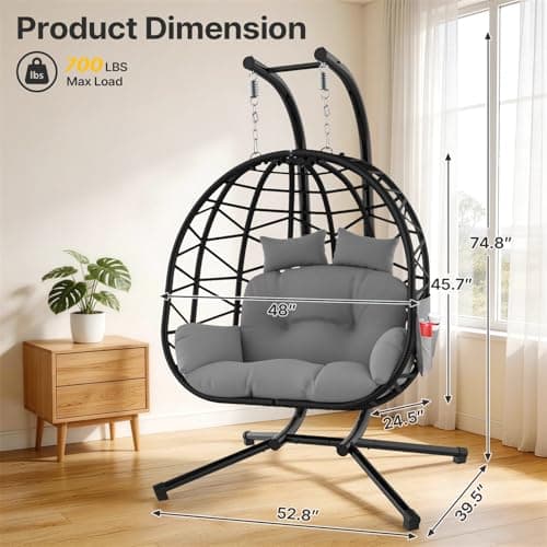 Suteck Double Hanging Egg Chair with Stand, Outdoor Indoor 2 Person Wicker Egg Swing Chair with Cushion, 700lbs Capacity for Patio, Bedroom, Garden - Black
