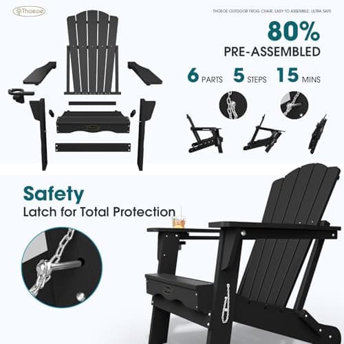 THOEOE Folding Adirondack Chair,HDPE All-Weather Outdoor Chair with Cup Holder,Wooden Textured,Fire Pit Chair,Plastic Patio Chair for Deck,Backyard,Garden,Lawn, Black