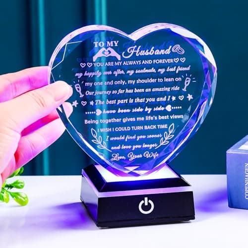 YWHL Gifts for Husband from Wife with Colorful LED Base Anniversary Birthday Gifts for Husband to My Husband Crystal Heart keepsake I Love You Gifts for Him on Valentine Christmas Fathers Day B0D86M2CG9