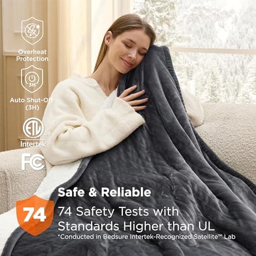 Bedsure Heated Blanket Throw Blanket - Fast Heating Electric Blanket, Soft Flannel Heated Throw with 4 Time Settings, 6 Heating Settings, Warm Gifts for Grandma Grandpa (50x60 inches, Dark Grey)