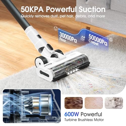 Cordless Vacuum Cleaner, 600W 50KPA 65Mins Runtime Fast Charging Vacuum Cleaner, Self-Standing LED Light Touch Screen Stick Vacuum for Home Light Weight,for Pet Hair/Carpet/Floor, White