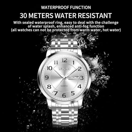 Taxau Watches for Men Stainless Steel Waterproof Two Tone Luxury Casual Silver Wrist Watch Quartz Analog Business Big Face Classic Dress Mens Watches with Day Date
