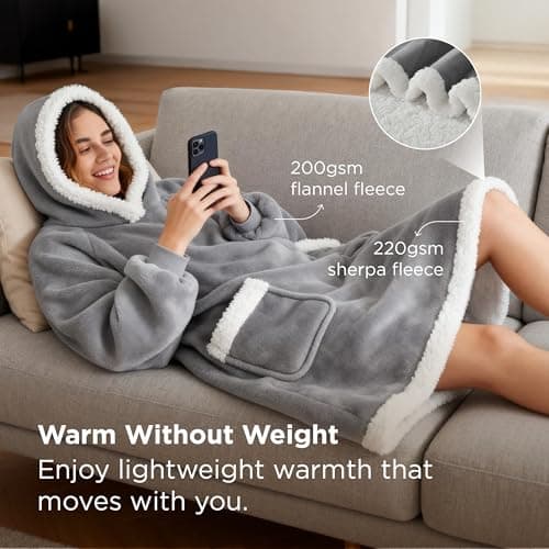 Bedsure Blanket Hoodie, Wearable Blanket for Adults & Kids as Gifts for Women Men, Birthday Gifts for Women Mom Girl Sherpa Oversized Hoodie, Grey, Standard