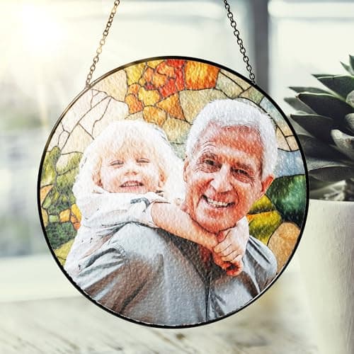 LOVELYPOD Personalized Grandma Stained Glass Sun Catcher, Photo Family Portrait Faux Window Hanging Ornament, Custom Photo Gift, Grandma Gifts, for Mom, Christmas Ornament