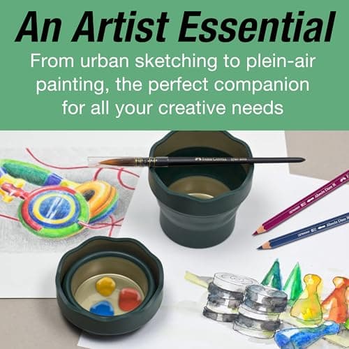 Faber-Castell Clic & Go Artist Water Cup, Dark Green - Travel-Friendly Collapsible Brush Cleaner Tool with Brush Stand, Scalloped Rim, Non-Slip Base, Portable Palette & Rinser B007TYWDQE