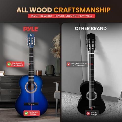 Pyle Beginner Acoustic Guitar Kit, 4/4 Full Size All Wood Build Nylon String Instrument with Capo, Strap, Extra String Set, Gig Bag, Guitars for Beginners Adults Youth, 39" Blue Burst Gloss