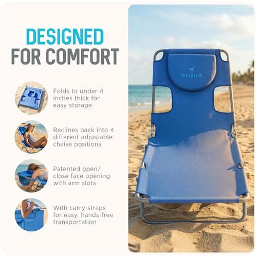 Ostrich the Original Chaise 72 x 22 Inch Lounge Portable Reclining Lounger, Outdoor Patio, Beach, Lawn, Camping, or Pool Tanning Chair, Ocean Blue