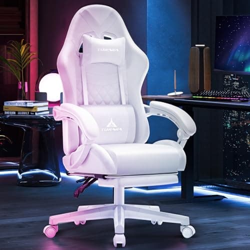 White Gaming Chair,Ergonomic Massage Computer Office Desk Chair with Footrest,Pocket Spring Cushion,Reclining Leather Adjustable Gamer Chair with Headrest and Lumbar Support,White