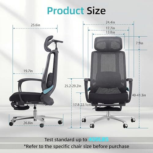 Ergonomic Office Chair with Footrest & Adjustable Lumbar Massager, High Back,Big and Tall,Desk Chair with 5D Headrest, Reclining Swivel Rolling Mesh Chair for Home Office, 400LBS (Black)