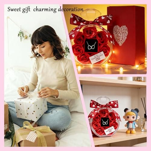 Anniversary Cute Women Artificial Soap Rose Flowers with Double Heart Necklace Present Gifts for Girlfriend Valentines Day Birthday Gift B0GW7XRWSC