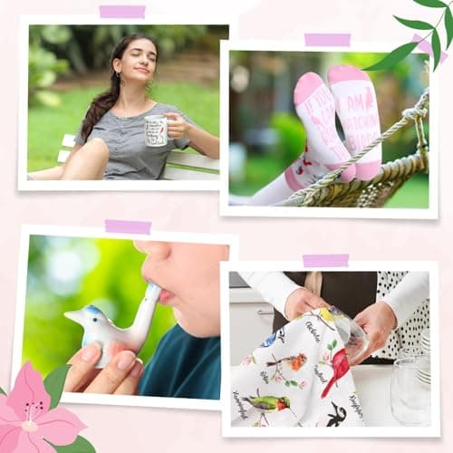 Nefelibata Bird Gifts for Women: 4-in-1 Birds Mug, Socks, Water Whistle, Kitchen Towel - Cardinal, Hummingbird, Kingfisher Birds on Branch