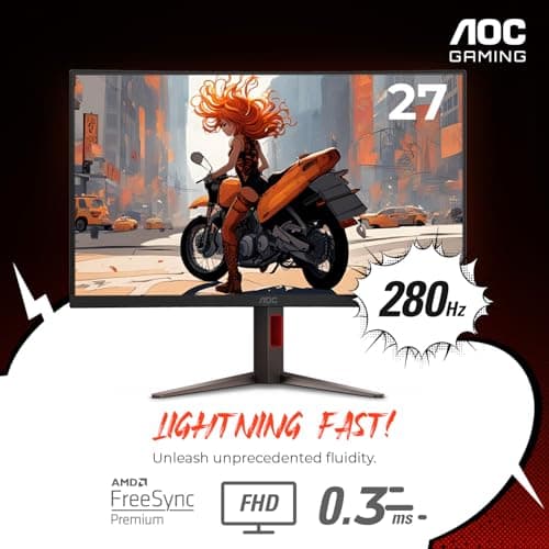 AOC 27" Curved Gaming Monitor, FHD 1080p, 280Hz (DP) 240Hz (HDMI), 0.3ms MPRT, VA Panel 1500R, AMD FreeSync Premium, HDR Ready, Height Adjustable, DisplayPort HDMI C27G4ZH