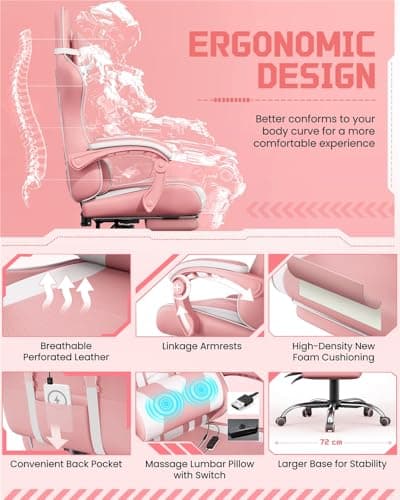 Yaheetech Gaming Chair, Video Game Chair with Massage Lumbar Support and Footrest Height Adjustable Ergonomic Computer Chair with Swivel Seat and Headrest, Pink/White