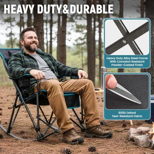 FUNDANGO Oversized Rocking Camping Chair for Adults, Portable Folding Lawn Chairs for Outside with Pillows, Wide Armrest, 2 Cup Holders, Carry Bag for Patio Garden Outdoor Supports 400Lbs (Black/Blue)