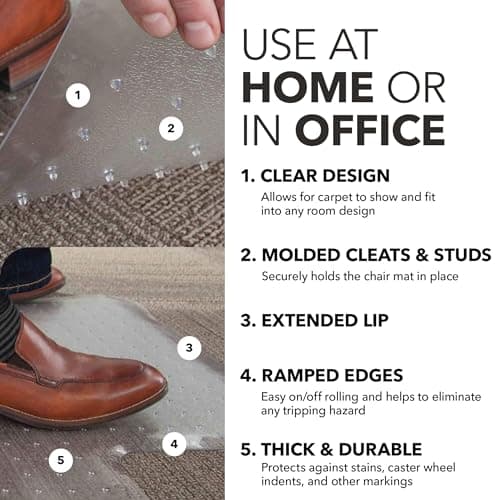 HON Office Chair Mat for Carpet, Clear Desk Mat with Extended Lip for Rolling Computer Chairs, Heavy Duty Vinyl Floor Protector for Low Pile Carpet, 36 x 48 in, Clear