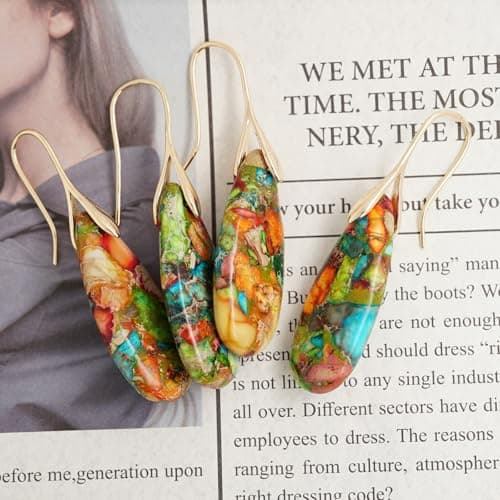 Sriomu Natural Healing Stone Fishhoop Dangle Drop Earrings Statement Gold silver earrings B0DGQW4PKS