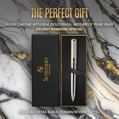 Scriveiner Silver Chrome Ballpoint Pen - Stunning Luxury Pen, Real Gold Plating, Schmidt Black Refill, Best Ball Pen Gift Set for Men & Women, Professional, Executive, Office, Nice, Fancy Pens