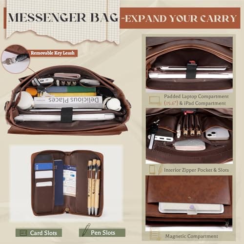 RAINSMORE Flap Messenger Bag for Men Vintage PU Leather Laptop Bag 15.6 Inch Retro Briefcase with Wallet Satchel Computer Bag