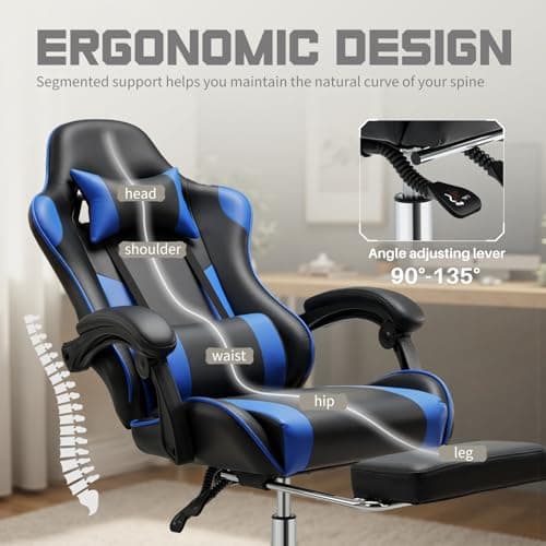 DUMOS Ergonomic Gaming Office Desk Chair with Linkage Armrests for Adults, Height Adjustable Computer Chair with Footrest and Headrest, PU Leather 360° Swivel Recliner with Lumbar Support, Deep Blue