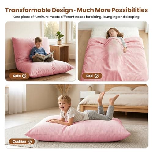 3 in 1 Kids Bean Bag Chair Bed for Kids or Adults, Convertible Chair Folds from Bean Bag Sofa to Lounger, Child Floor Sofa for Gaming, Reading, Floor Mattress with High-Density Foam (Pink)