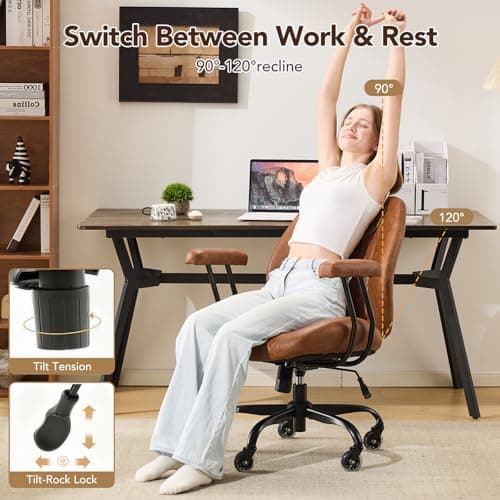 YFO Home Office Desk Chair Office Rubber Casters Ergonomic Computer Chair with Lumbar Support Adjustable Height Rolling Swivel Executive Task Armrests Chair, Brown Leather