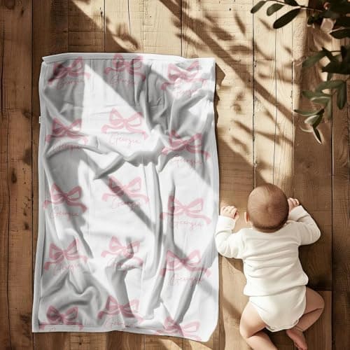 Personalized Baby Blanket with Bow – Custom Name Blanket for Newborn Girl, Soft Coral Fleece Blanket with Custom Bow & Text Color, Keepsake Nursery Blanket
