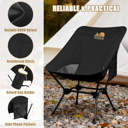 Ultralight Camping Chair Backpacking Chair, Portable Camp Chair with Cup Holder & Storage Bag, Lightweight Compact Folding Chair for Hiking, Travel, Picnic Mountaineering(Deep Black)