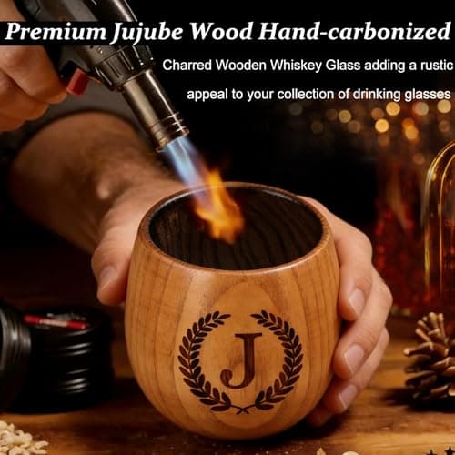 Birthday Gifts for Men Dad Husband Whiskey Glass Anniversary Groomsmen Gift, Whiskey Bourbon Gifts for Men Brother Grandpa Personalized Charred Wooden Bourbon Glass(J) B0GSFFTSFQ