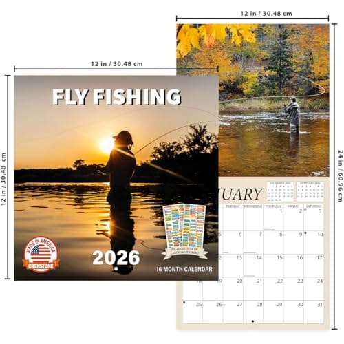 Fly Fishing Calendar 2026 - Angling Wall Calendar Bundle | 12" x 24" Open | 100+ Reminder Stickers | Fisherman Gifts, Office Supplies | Made in USA