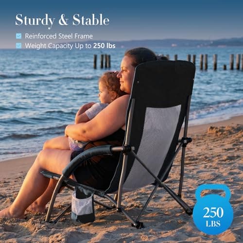 DUMOS Low Camping Beach Chair, Lightweight Folding Portable Beach Chair with Cup Holder, Storage Pocket, Breeze Mesh Back, Padded Armrests, Low Profile Chair for Camp, Picnic, Lawn, Sand, Black