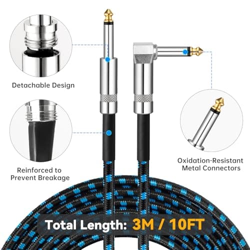 Tomorotec 3-Pack 10ft Braided Guitar Cables for Electric Guitar, Bass, Microphone, Speaker, Mixing Console, 1/4" Interface Instrument Cables with Durable Copper & PE Build and Tangle-Free Tweed Jacket